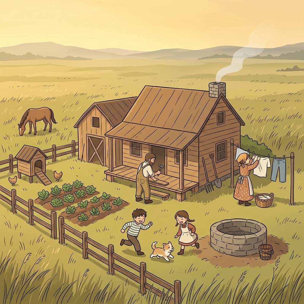 The pioneer family built their homestead on the vast prairie under a golden sky.