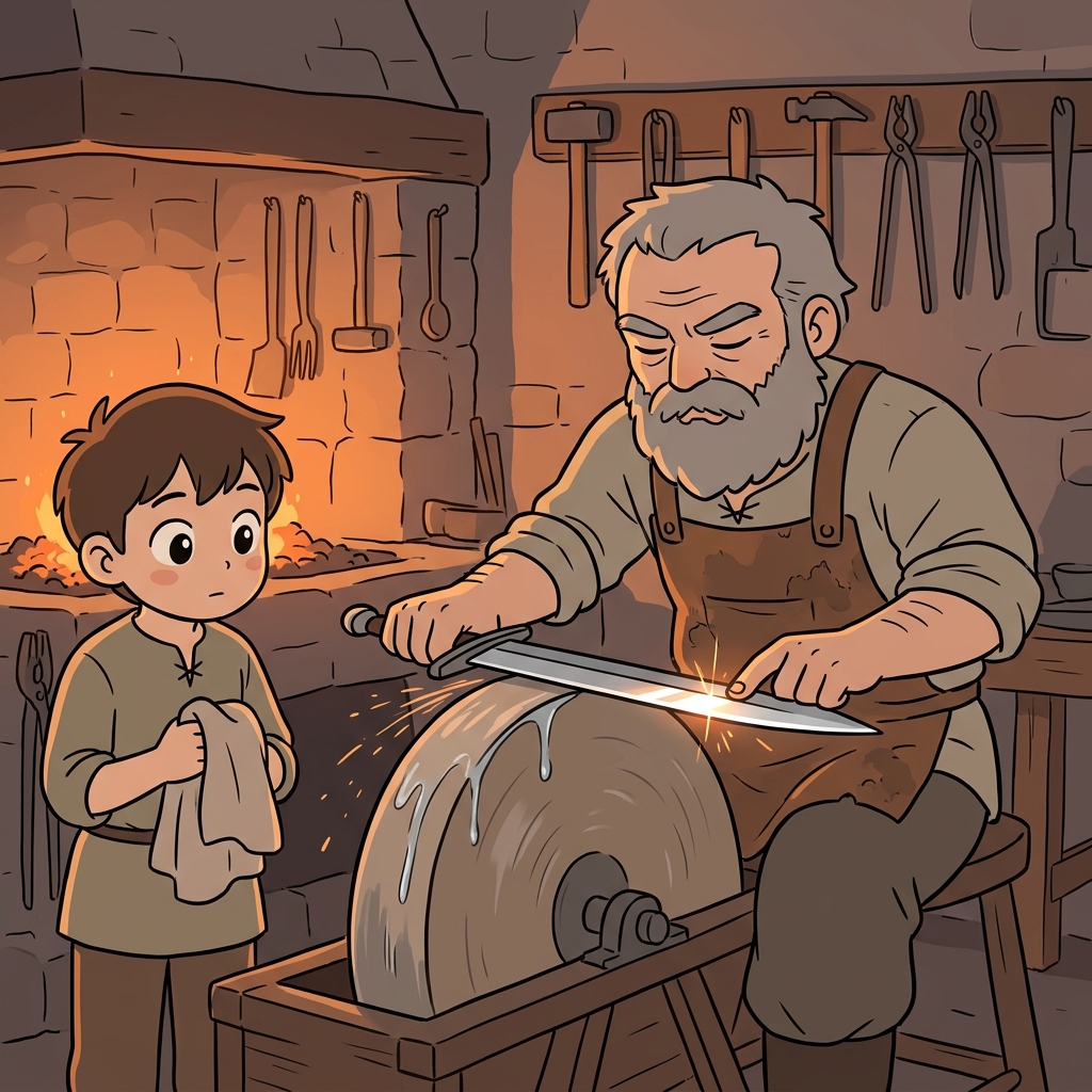 The old swordsmith hones the blade until it gleams razor-sharp.