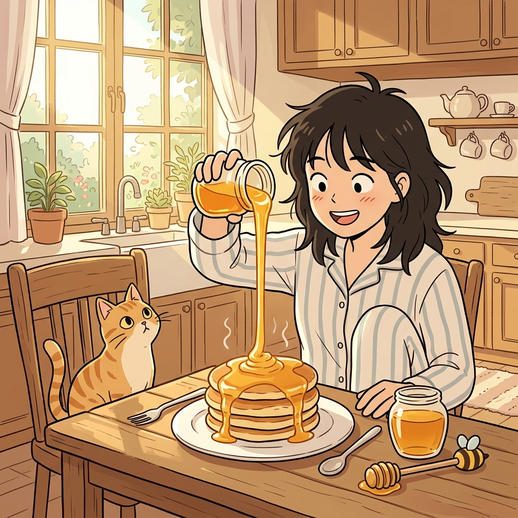 일요일 아침, 팬케이크 위에 꿀을 주르륵 뿌린다.