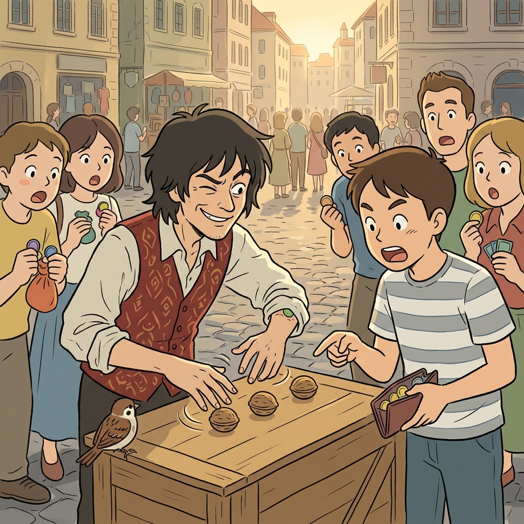 The street magician tries to hoodwink tourists with a rigged shell game.