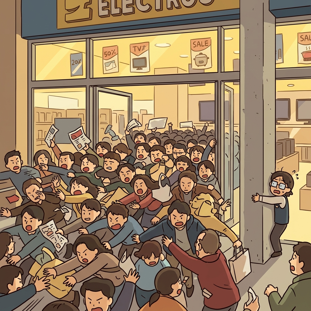 문이 열리자마자 사람들이 한꺼번에 몰려들었다.