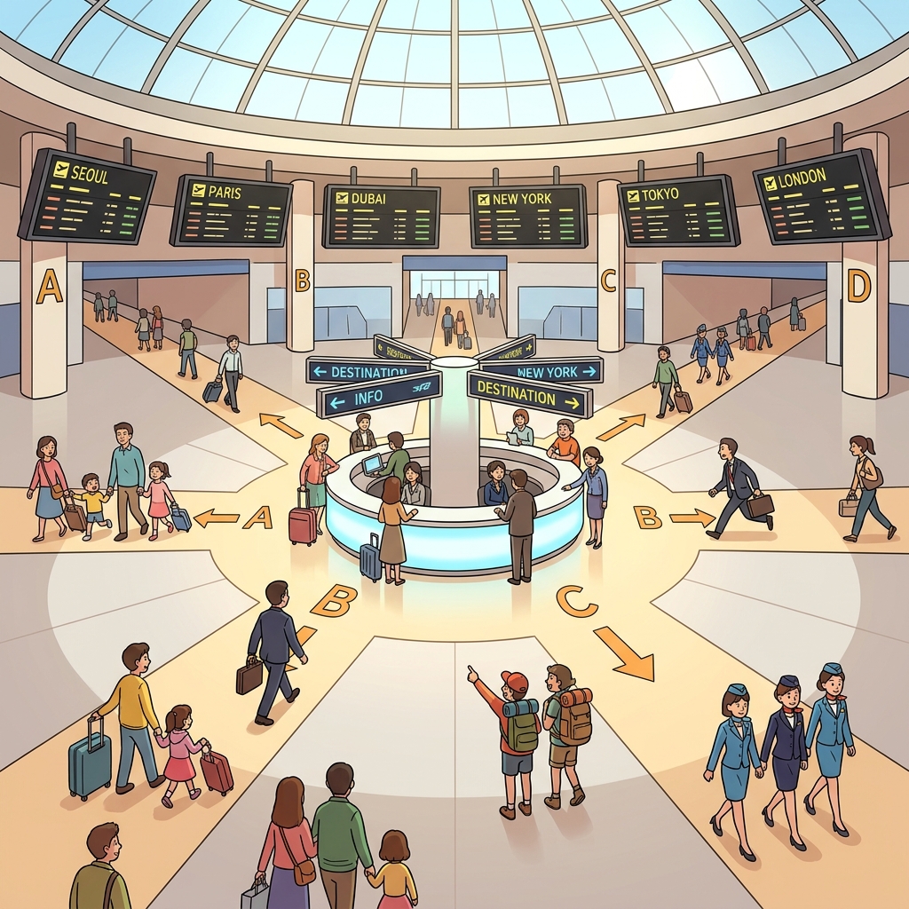 The airport terminal is a busy hub where travelers from every continent connect.