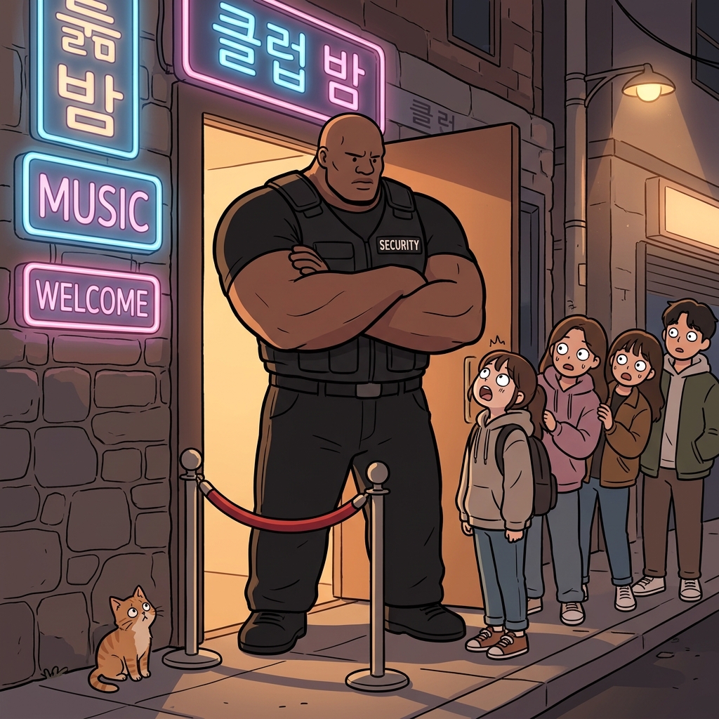 덩치 큰 경비원이 문 앞을 완전히 막고 서 있었다.