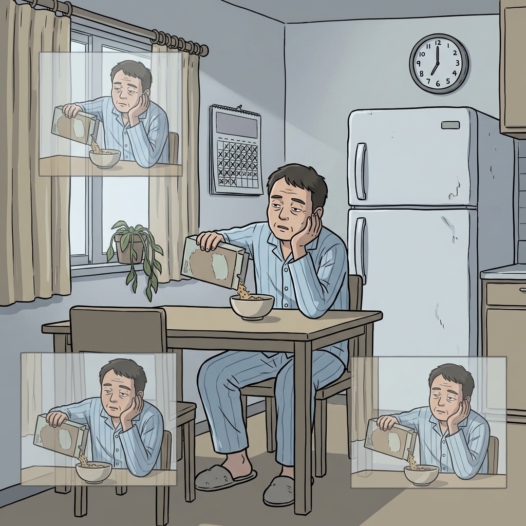 His humdrum morning routine repeats itself like clockwork, every single day.