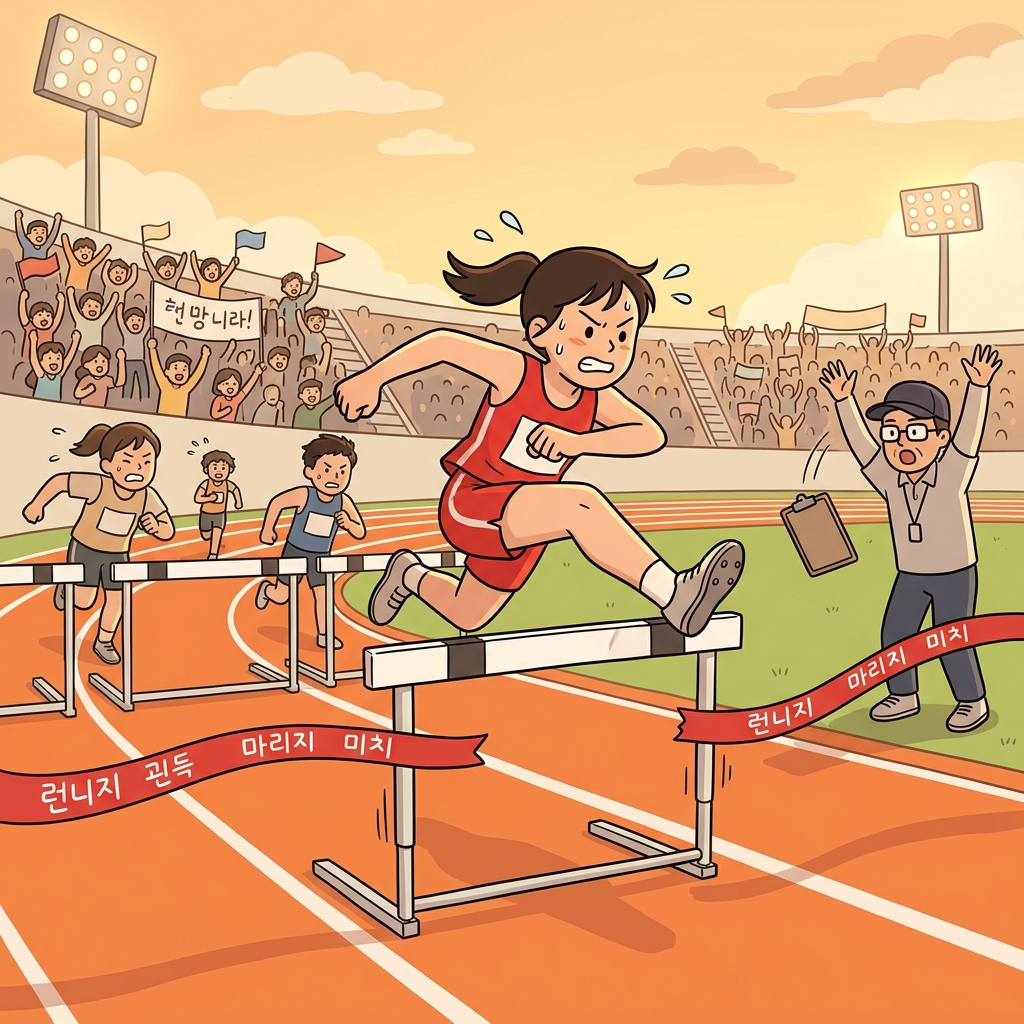 The runner leaps over the final hurdle to win the race.