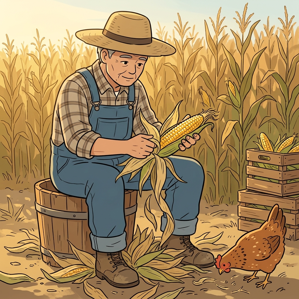 농부가 옥수수 껍질을 벗기자 노란 알갱이가 드러났다.