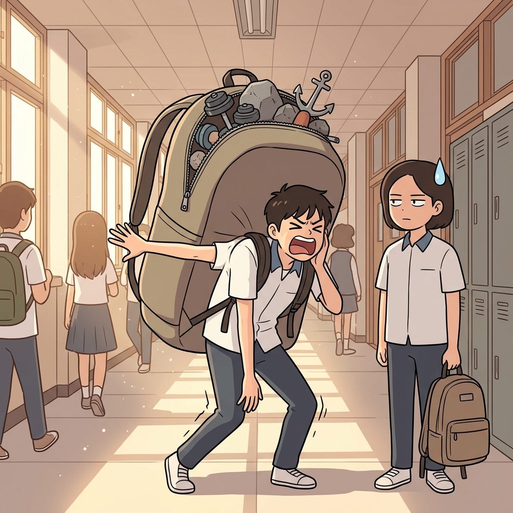 He used hyperbole, saying his backpack weighed a thousand tons.