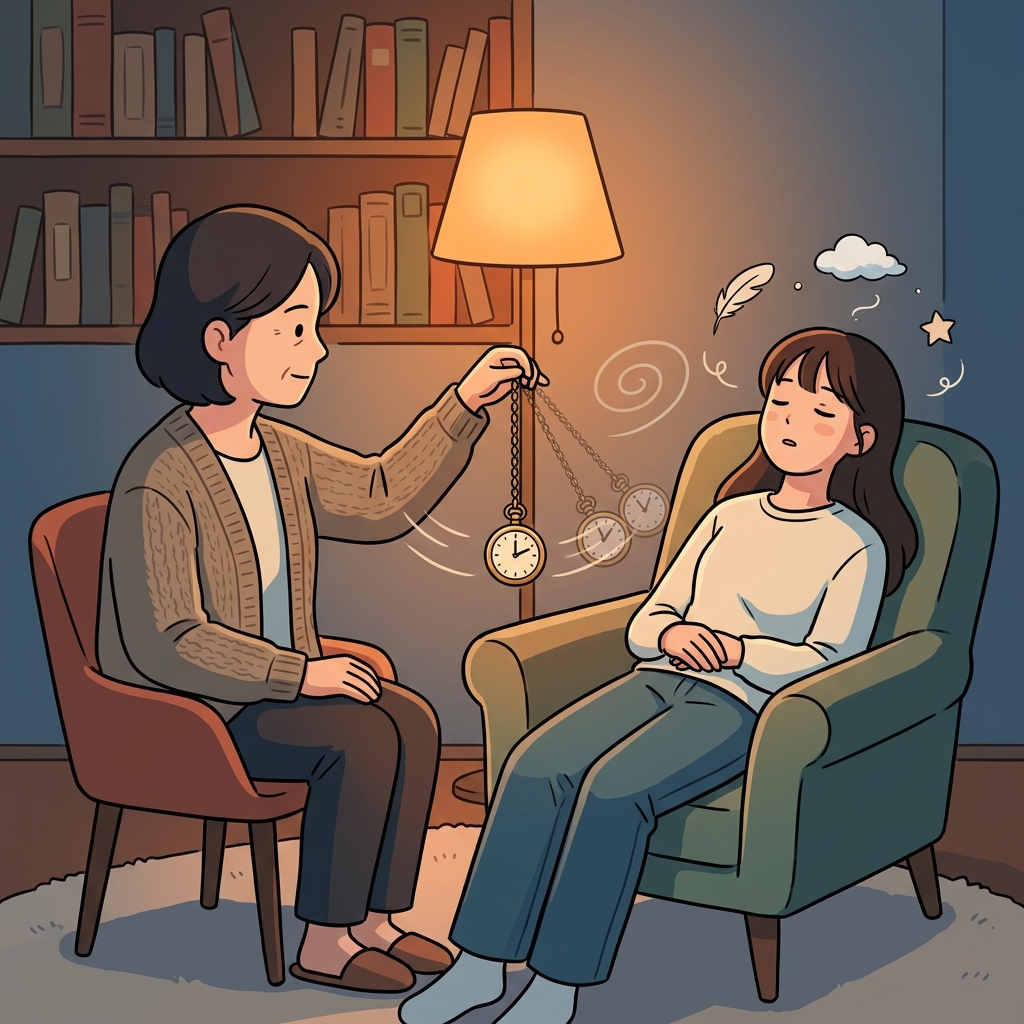 치료사가 회중시계를 흔들자 그녀는 천천히 최면 상태로 빠져들었다.