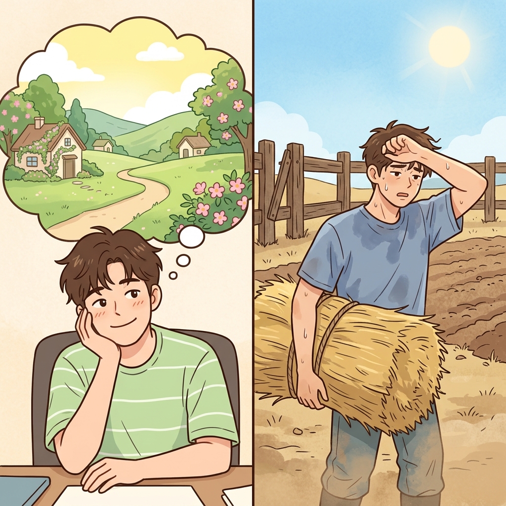 그는 시골 생활을 이상화(idealization)했지만, 직접 살아 보니 현실의 어려움을 깨달았다.
