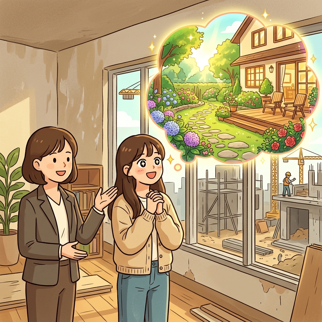 "아이, 딜!" 손님은 아직 공사 중인 집을 보면서도 완벽한 꿈의 집이라고 상상했다.