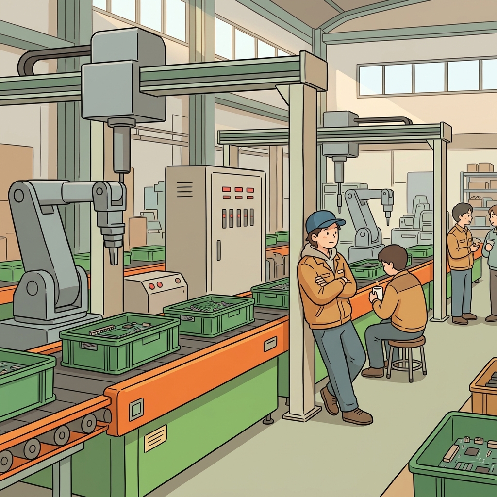 The factory machines remained idle during the power outage.