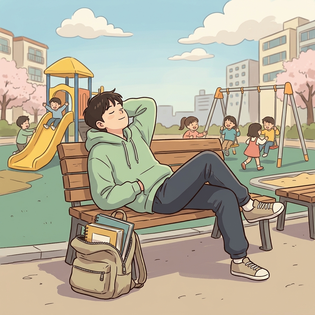 그 십 대는 숙제를 하지 않고 빈둥거리며 오후를 보냈다. ("아이들!" → 아이들이 놀이터에서 빈둥거리며 논다)