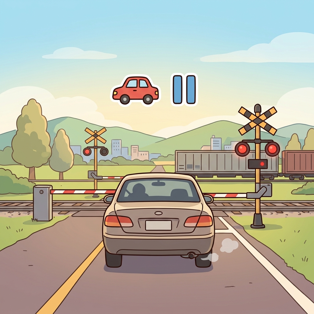 The engine stayed idle while the driver waited at the railroad crossing. (🚗 Engine + ⏸️ Stopped → Idle = running without moving or doing work.)