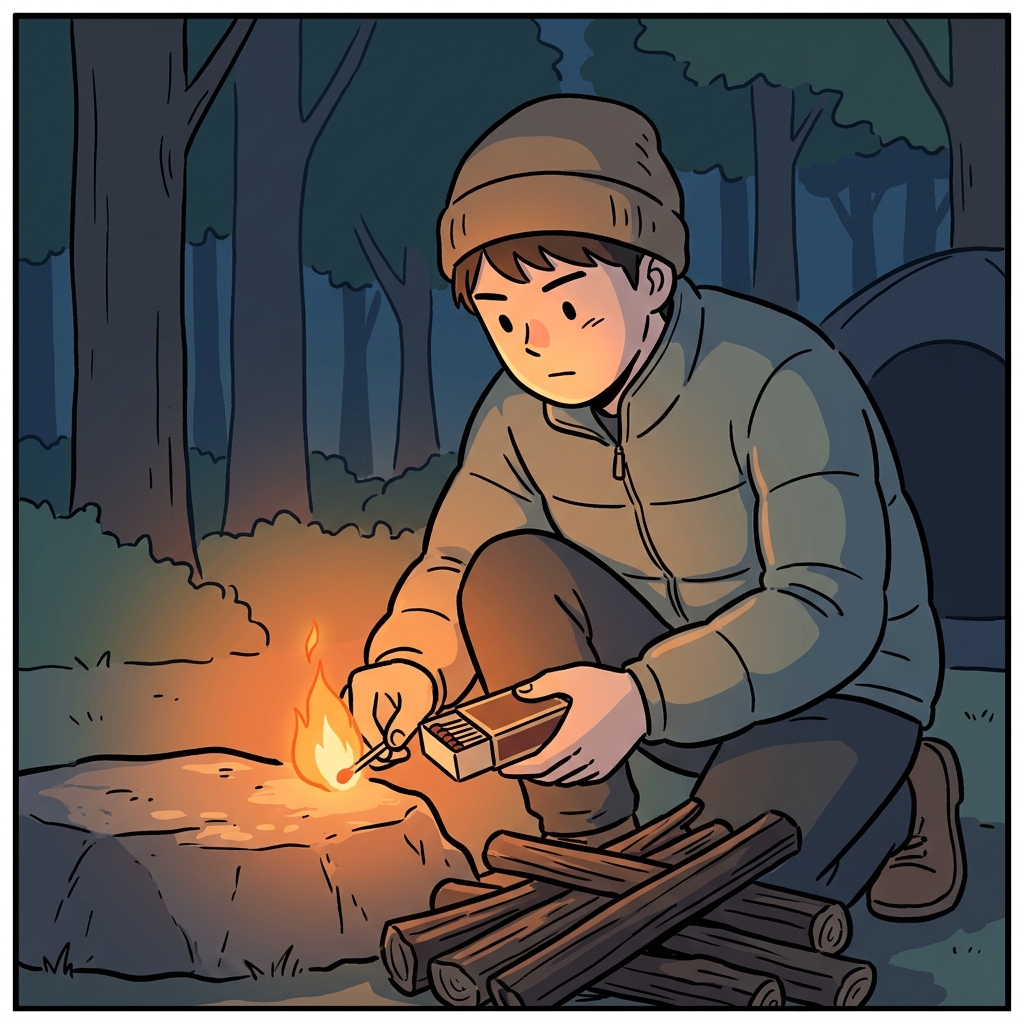 캠핑객은 성냥을 그어 마른 장작에 불을 붙였다(ignite).