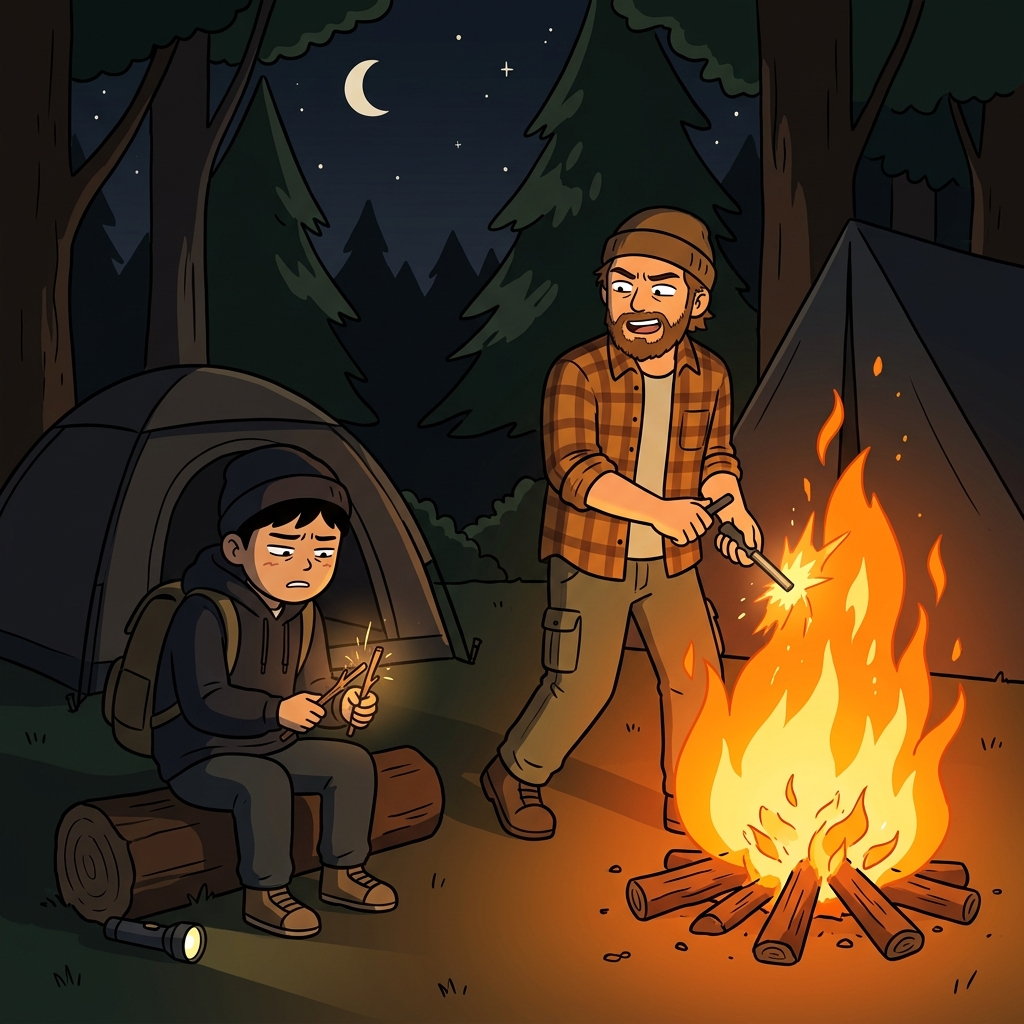"이그! 벌써 밤(night)인데 아직도 불을 못 피워?" 아빠는 한숨을 쉬며 직접 장작에 불을 붙였다(ignite).