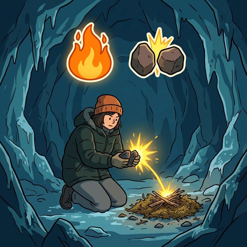 The spark created the ignition that warmed the frozen cave. (IGN(fire) + ITE(make) — striking the flint will ignite a spark to warm the frozen cave.)