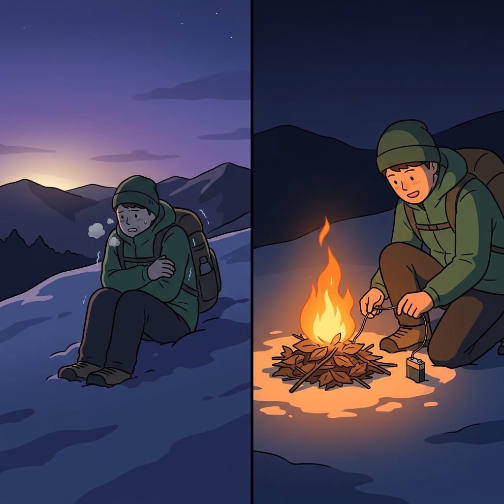 The freezing night ended with the ignition of a small fire.