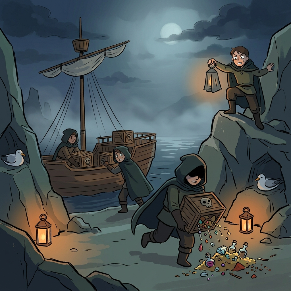 Smugglers unload illicit goods from a hidden ship at midnight.