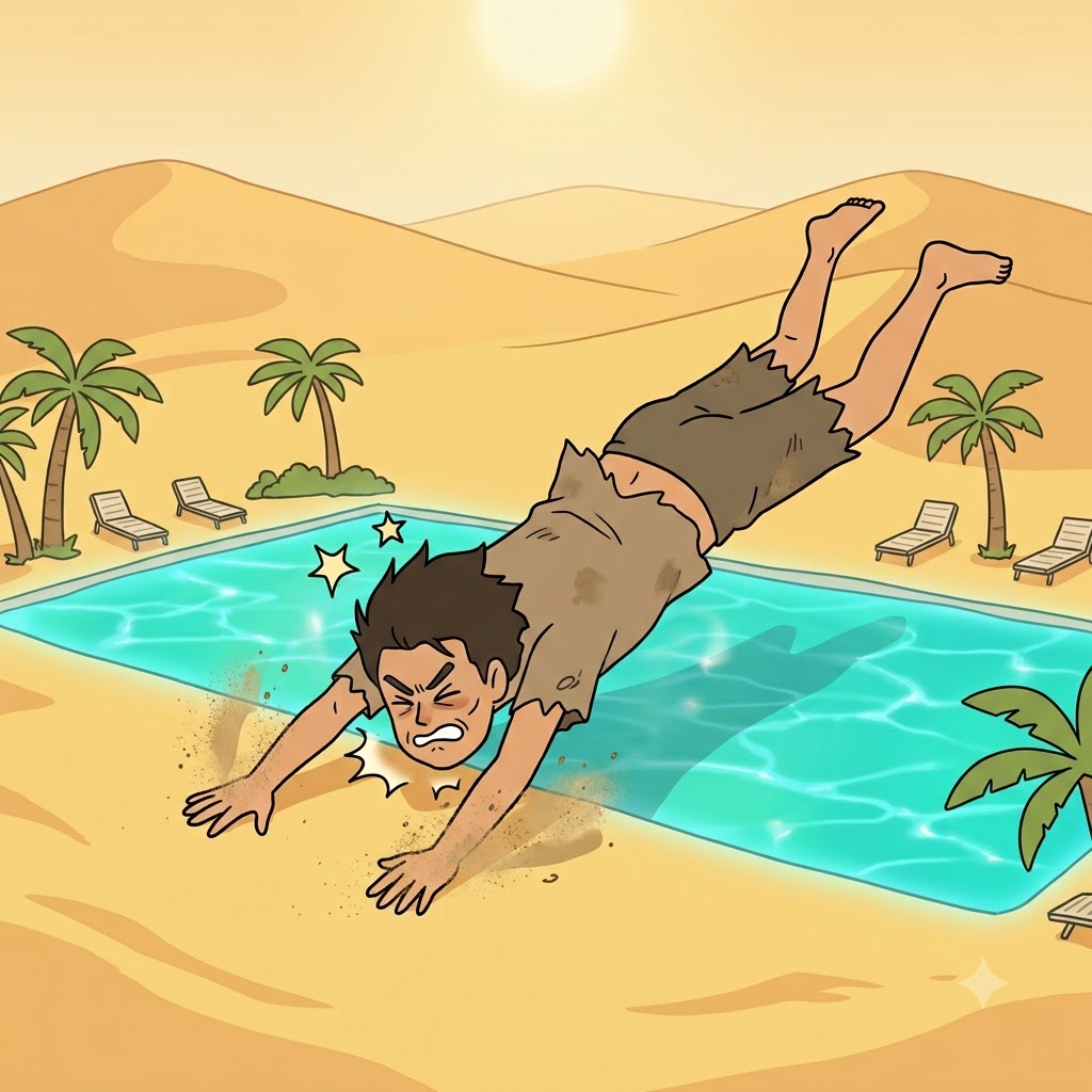 The thirsty man dove into the pool, but smashed his face into dry sand because the water was illusive.