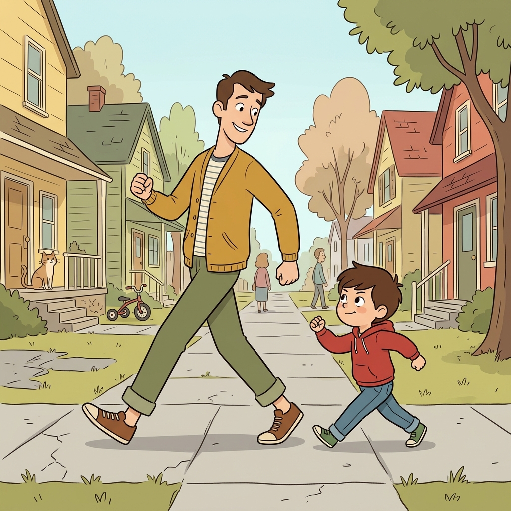 The little boy tried to imitate his father's way of walking.
