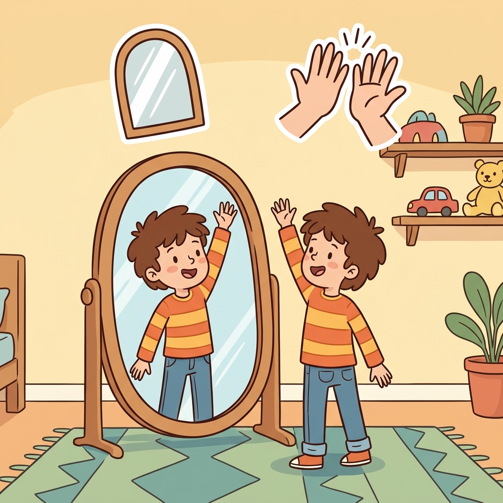 The boy imitated his reflection and copied every movement exactly. (I + ME + TATE → do exactly what another "me" does)