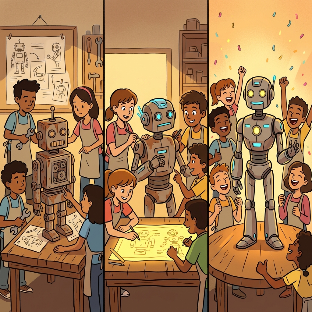 The students first imitated an old robot, then innovated and finally celebrated their new invention.