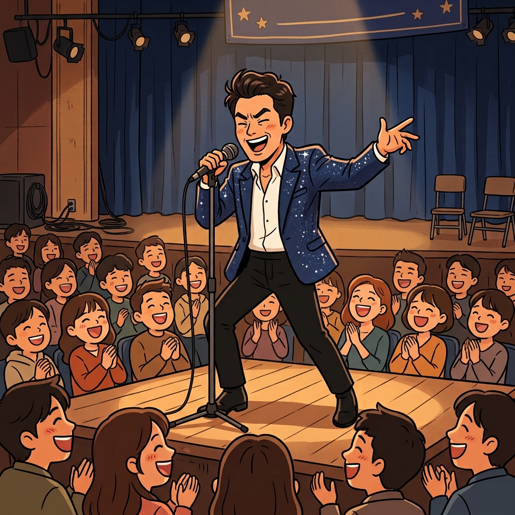 코미디언의 성대모사는 관객들을 웃음바다로 만들었다. ("이미(이미지) 따라 한다!" → 남을 그대로 흉내 내는 것)