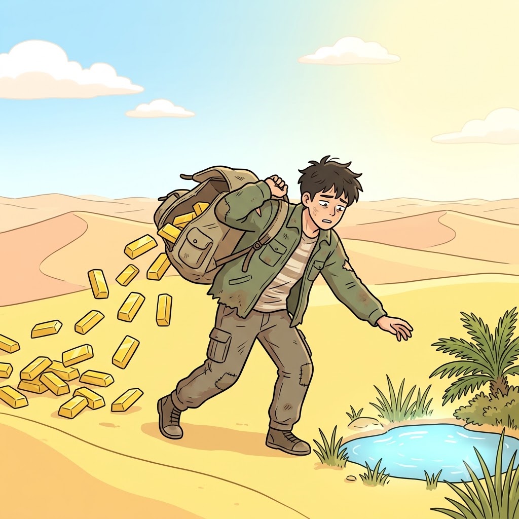 Finding a small pool of water in the desert, the dying man treated his heavy gold bars as completely immaterial.