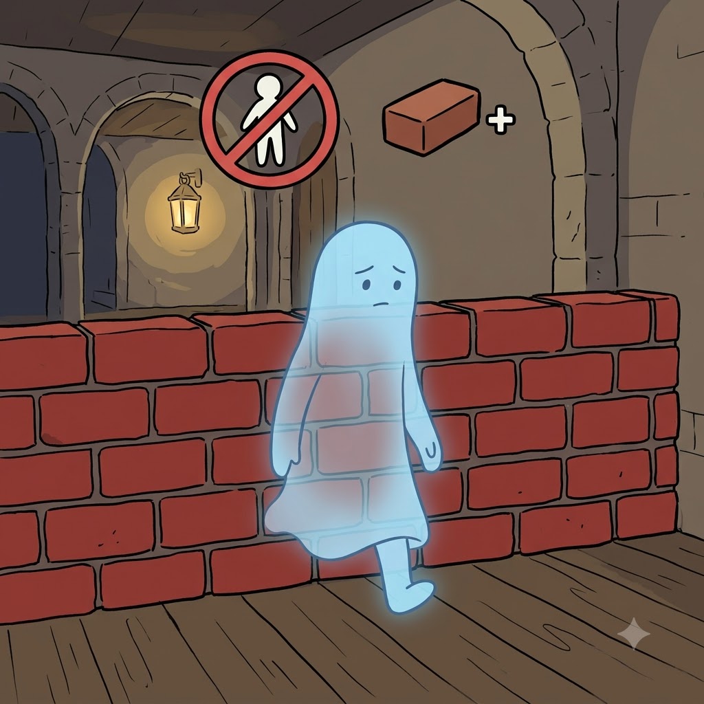 IM(not) + MATERIAL(physical) — unlike the solid brick wall, the ghost was entirely IM-MATERIAL, easily passing through the wall in an immaterial form.
