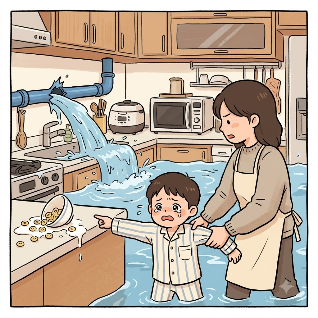 With the broken pipe rapidly flooding the kitchen, the boy's spilled bowl of cereal was a completely immaterial problem.