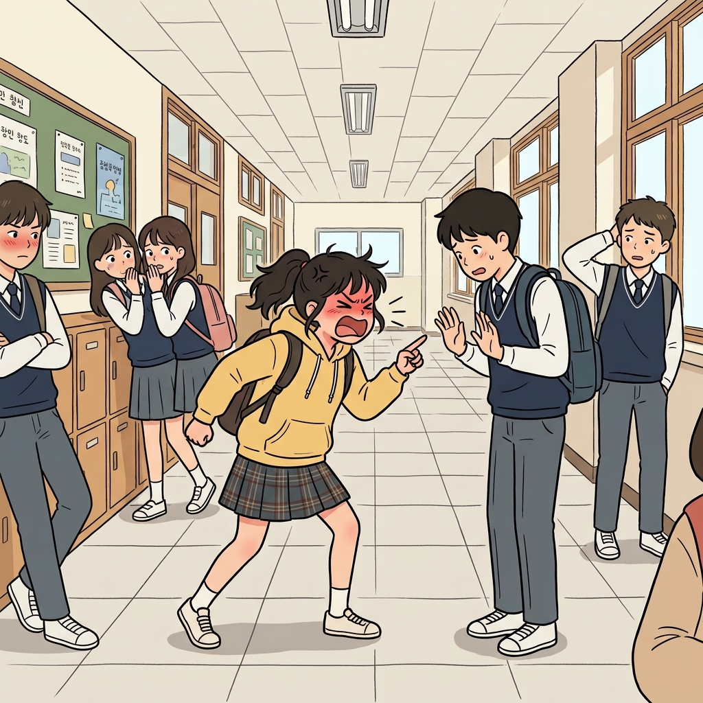 그녀의 철없는 반응은 작은 문제를 훨씬 크게 만들었다. ("애, 미쳐!" → 아이처럼 철없이 행동한다)