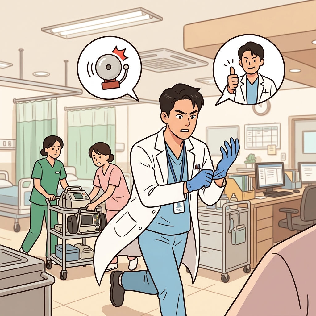 The emergency alarm sounded, and the doctor immediately shouted, "I'm ready!" before rushing to the patient. (IMMEDIATELY → "I'M READY!")