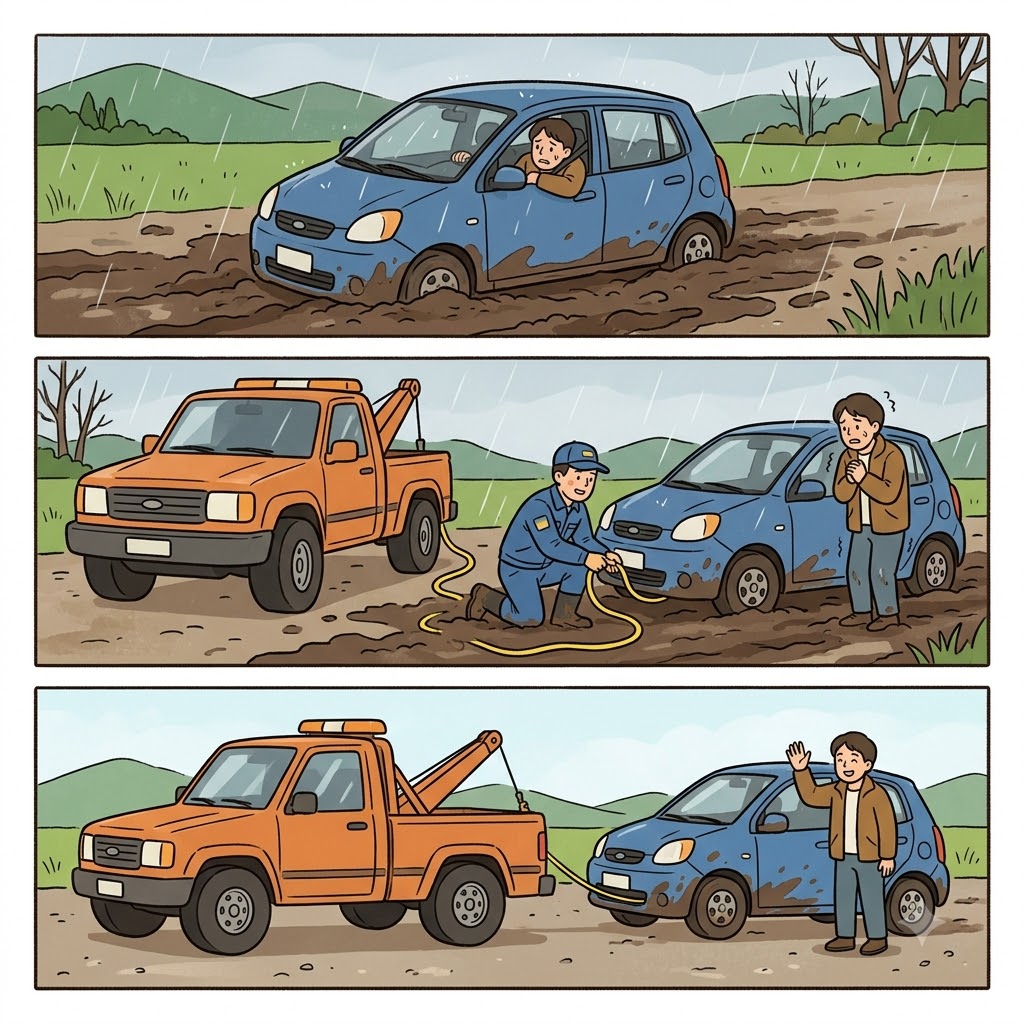 The immobile automobile was finally pulled free with a tow cable.