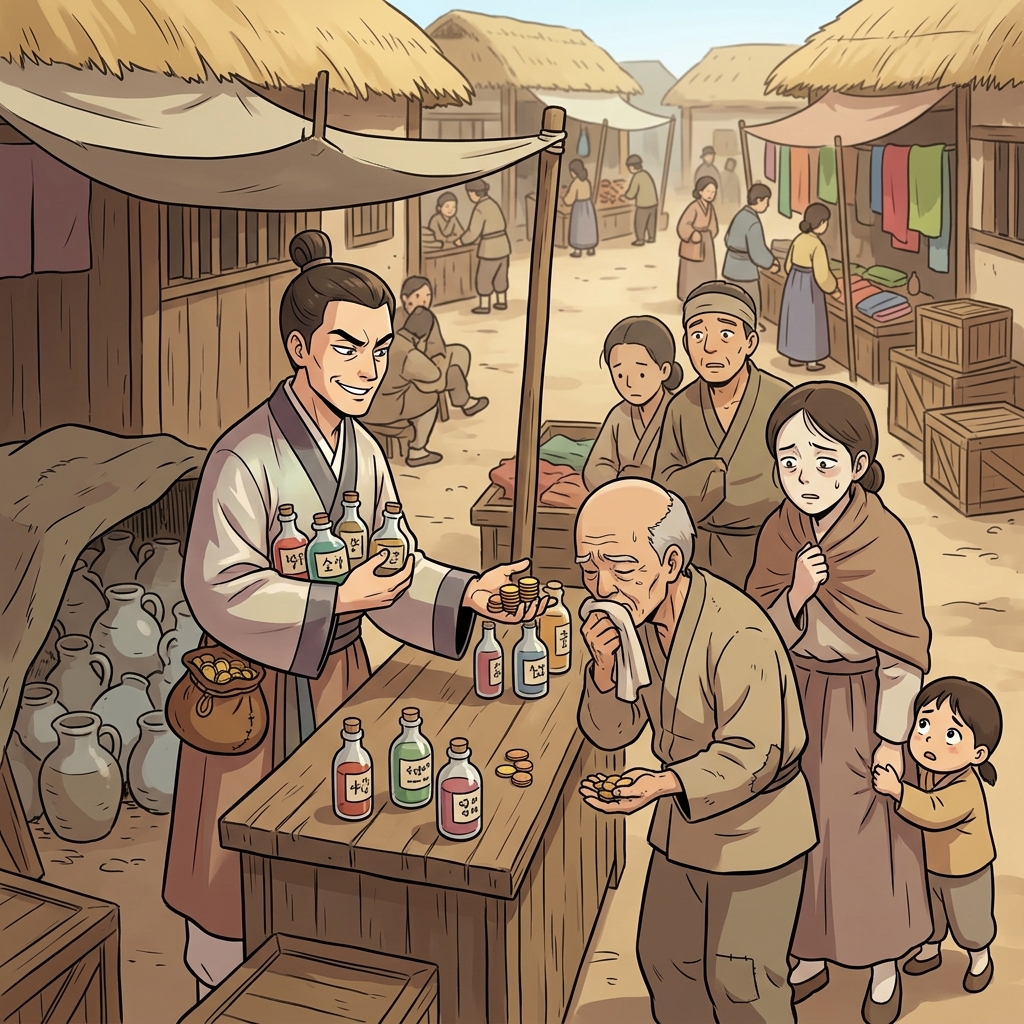 The corrupt merchant sells fake medicine to sick villagers — a truly immoral act.