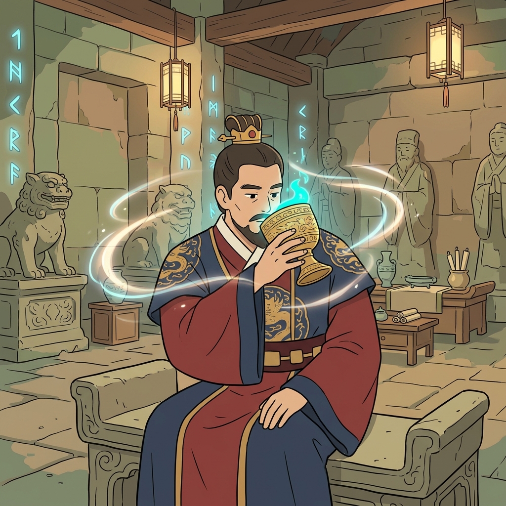 고대 왕은 전설의 마법 물약을 마시며 불멸(immortality)을 찾아 나섰다.
