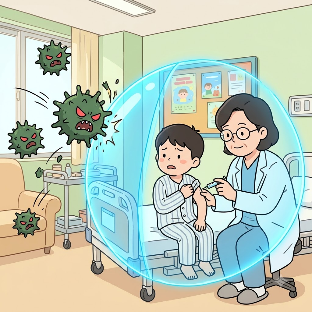 The doctor gave the boy a shot to immunize him, creating a glowing shield against the green virus.