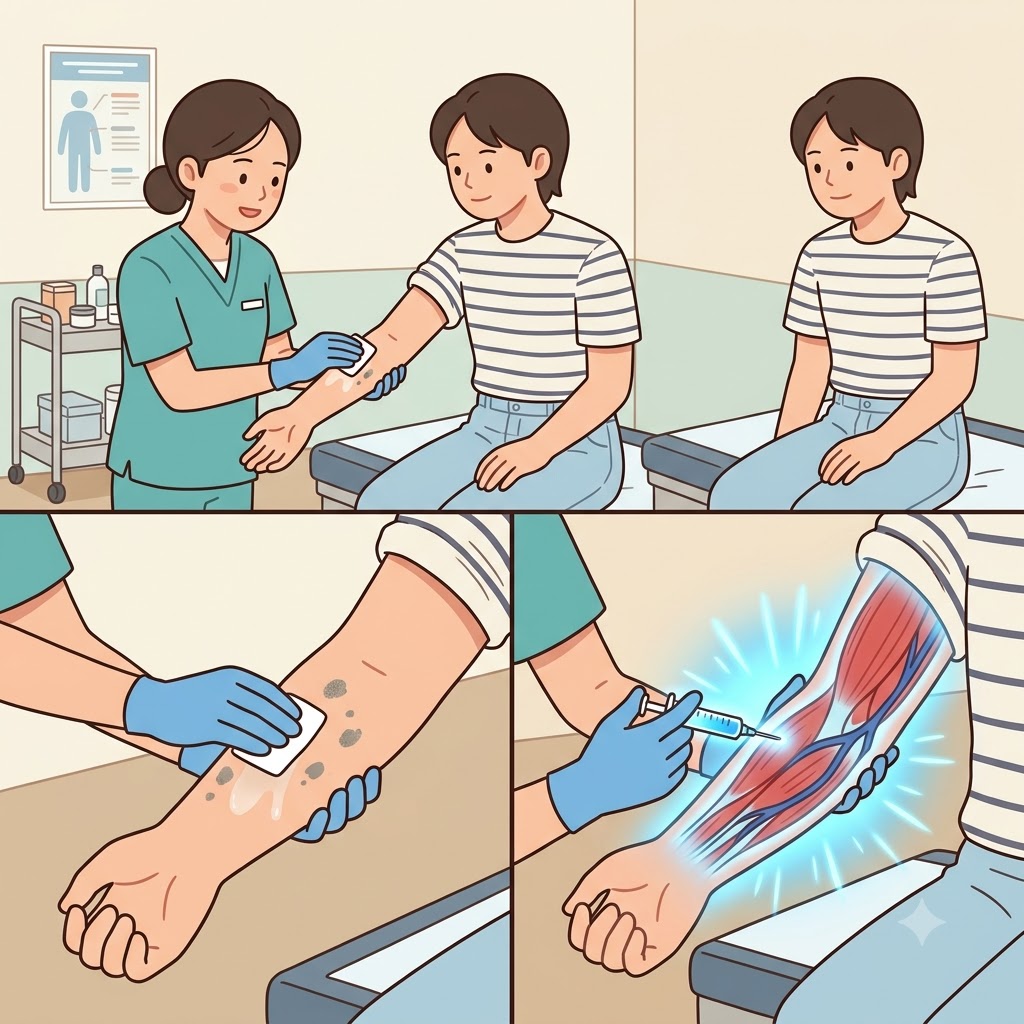 First she rubbed alcohol to sanitize the skin, and then used the needle to immunize from within.