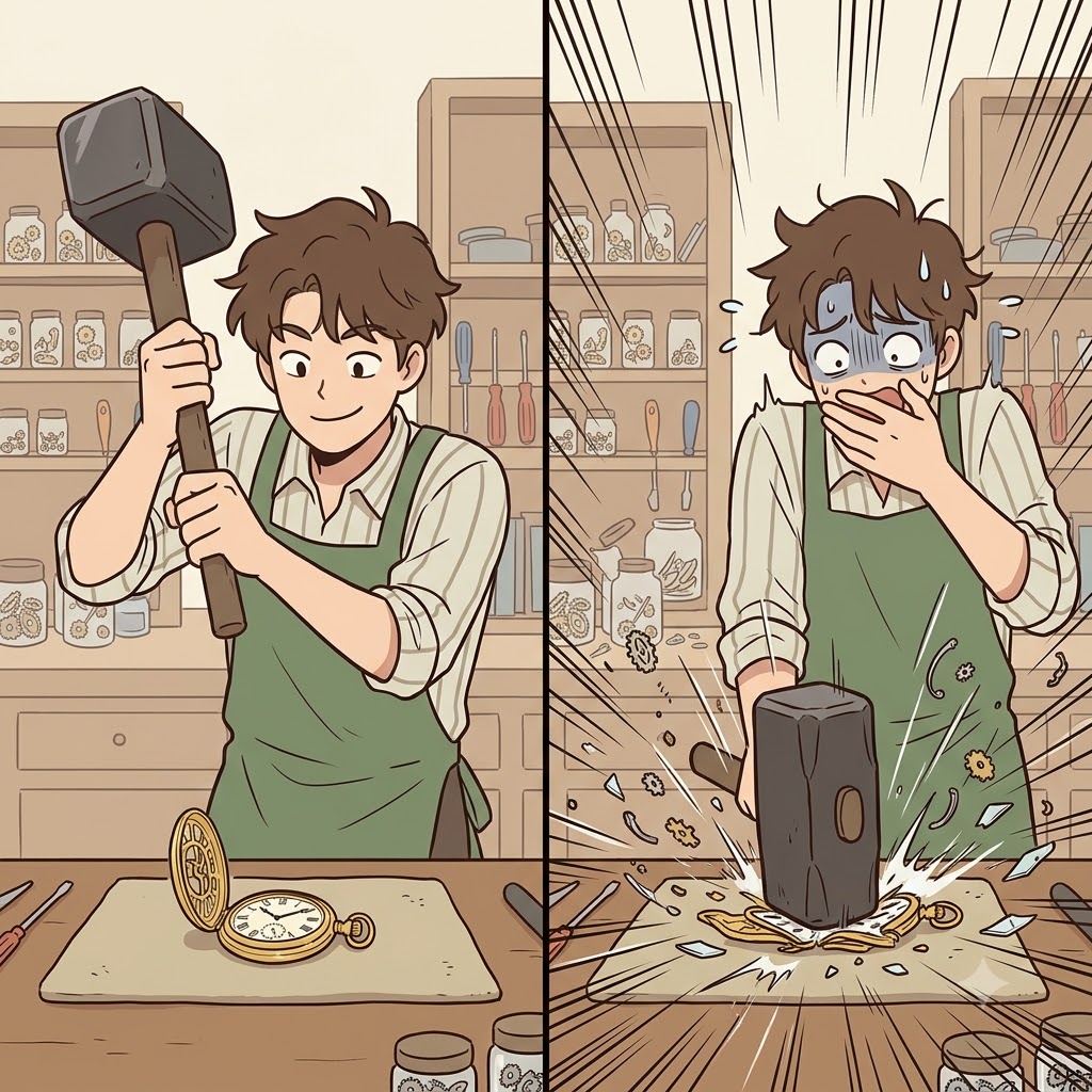 He meant to repair the old pocket watch, but his heavy hammer only managed to impair it.