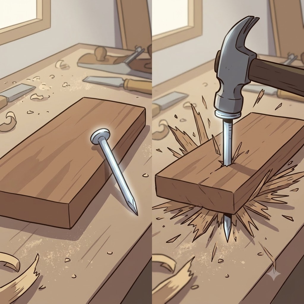 단 한 번의 무거운 망치질로, 거대한 은빛 못(nail)은 두꺼운 나무판자를 깊게 꿰뚫었다(impale).