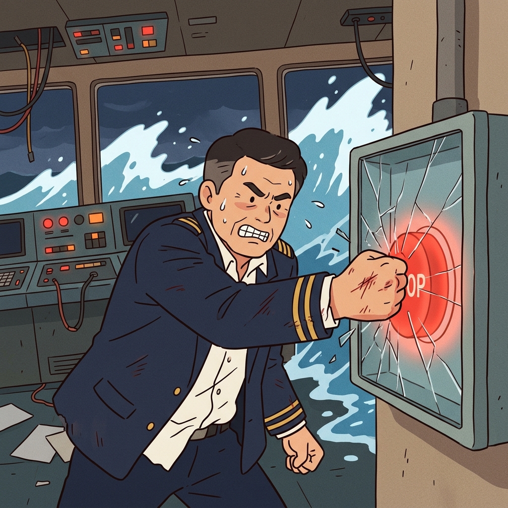 To stop the sinking ship, the sweating captain aggressively smashed the thick glass with his bare fist to push the giant red button, an absolutely imperative action for survival.