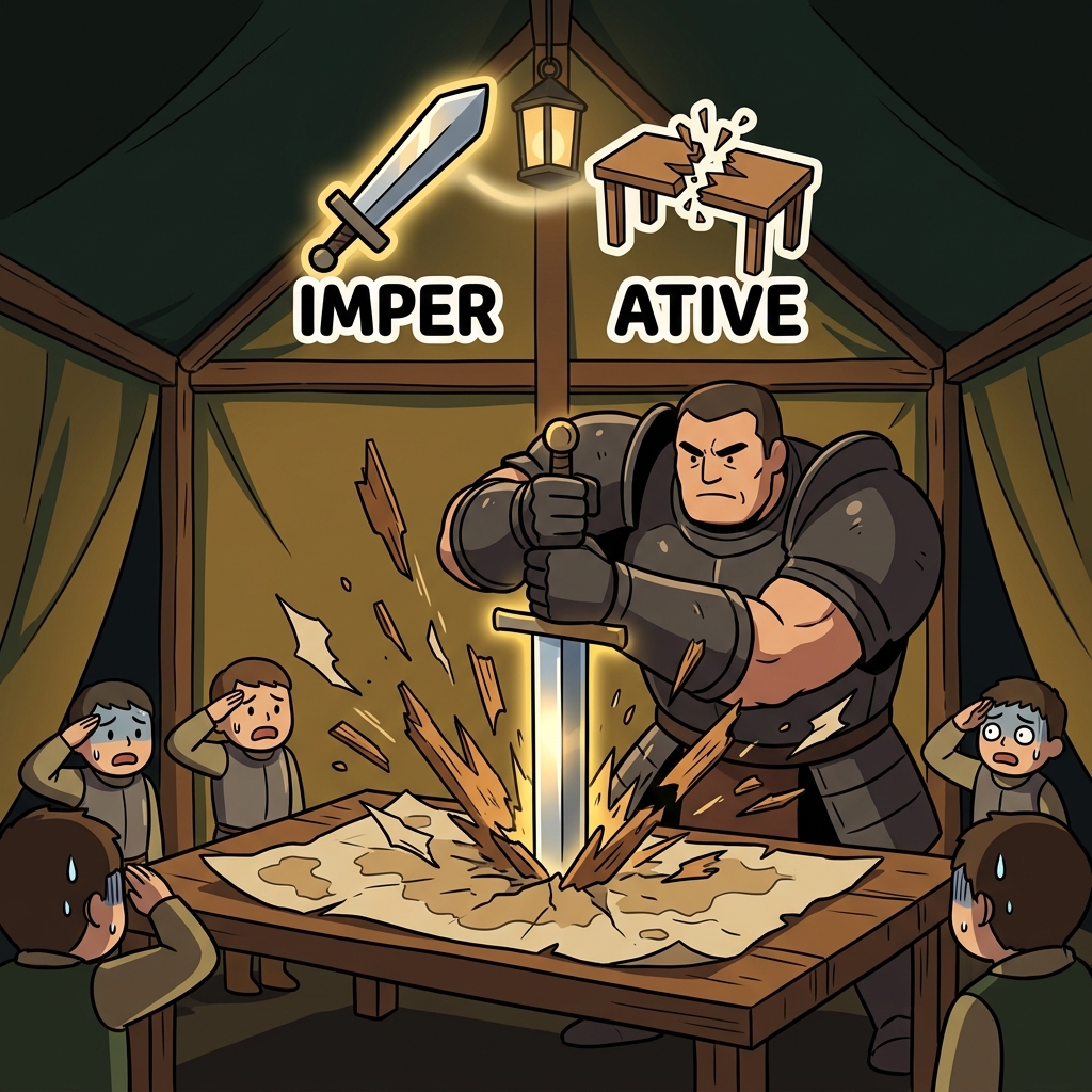 IMPER(command) + ATIVE(state) — an imperative duty is when the giant general aggressively stabs his heavy sword into the map to force an absolute command on his soldiers.