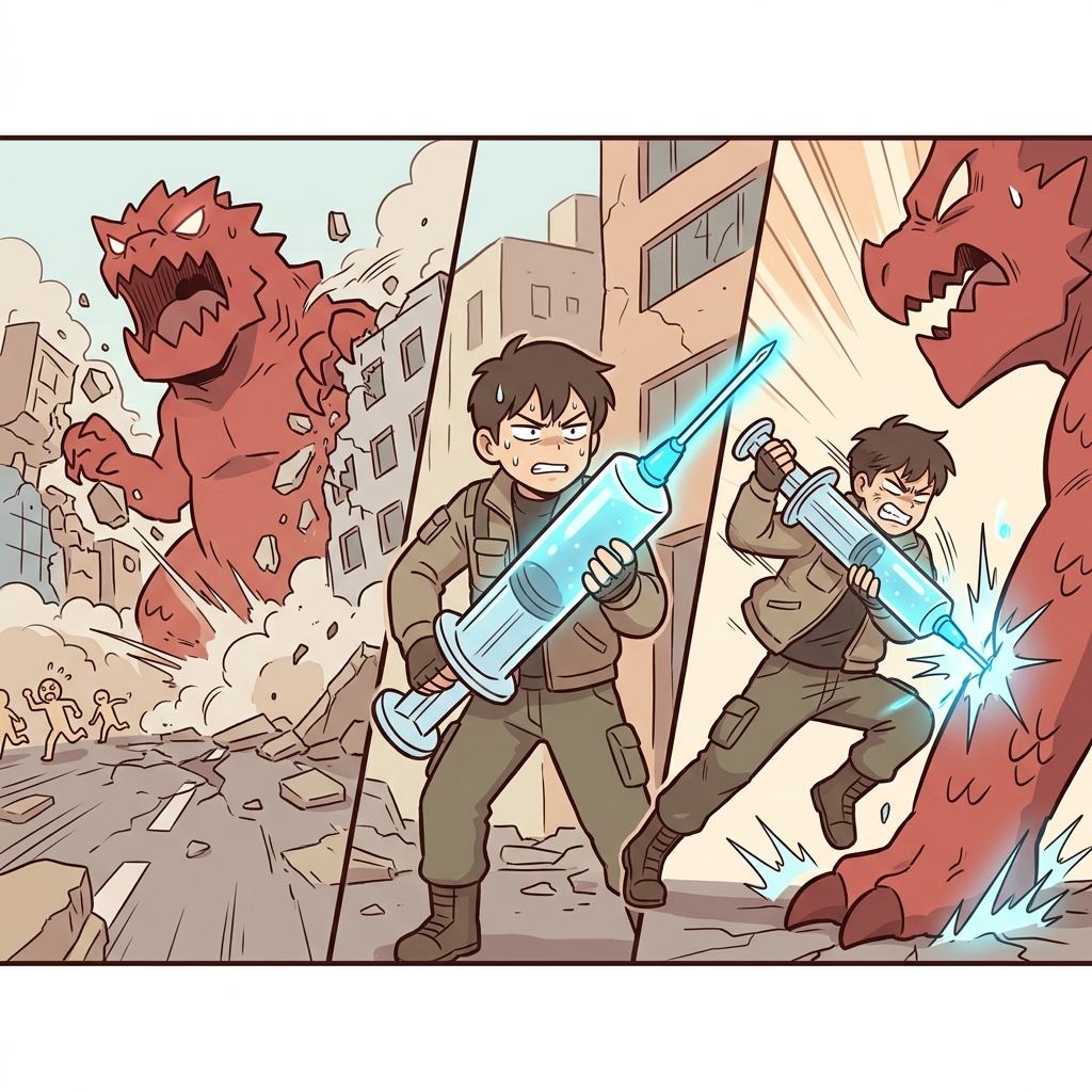 Facing the rampaging monster, the hunter violently stabbed the giant sedative needle into its leg, an absolutely imperative action to survive.