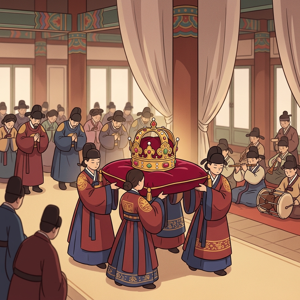 The imperial crown was displayed during the royal ceremony. ("엠퍼러(emperor)의 것!" → 황제와 관련된)