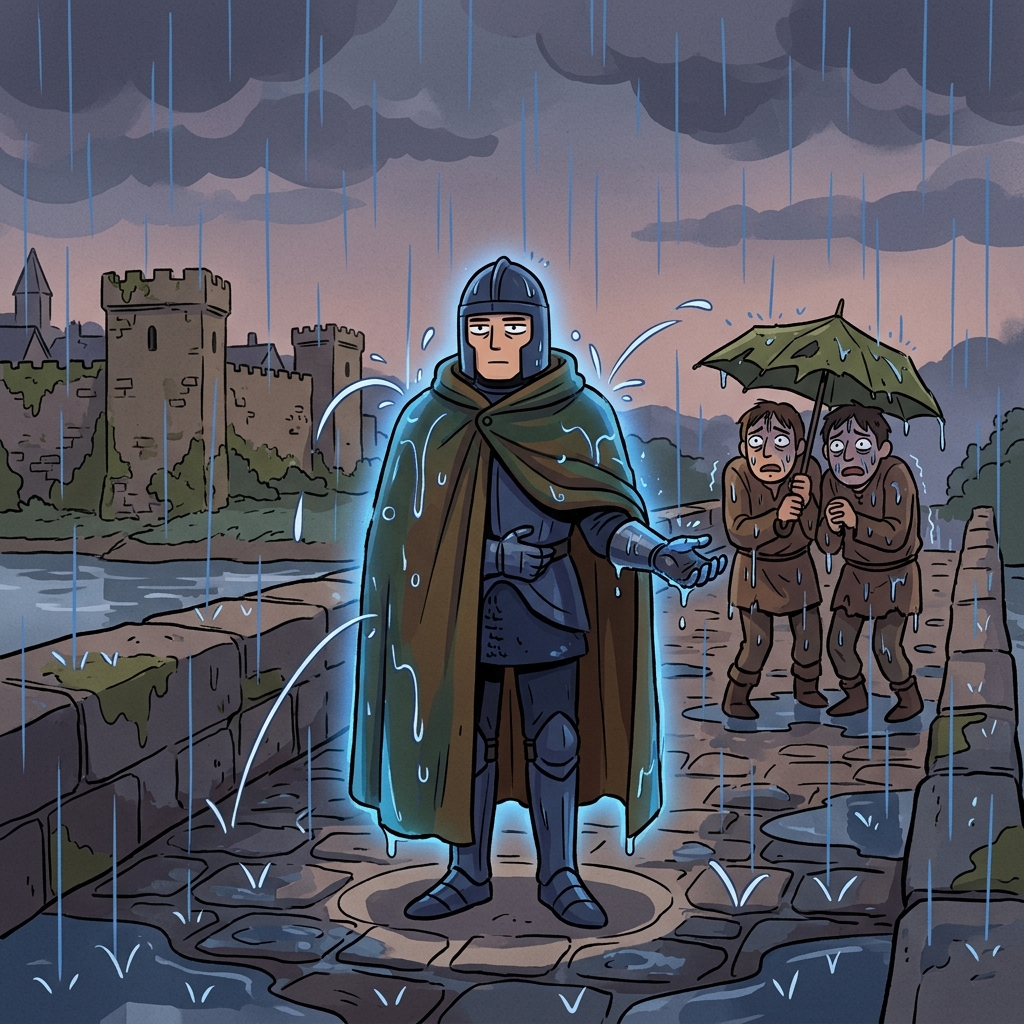 The knight's cloak is impervious to the sudden downpour, keeping him bone-dry.