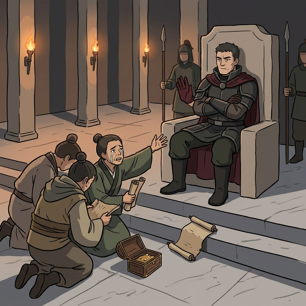 The implacable general refuses every plea for mercy from the kneeling envoys.
