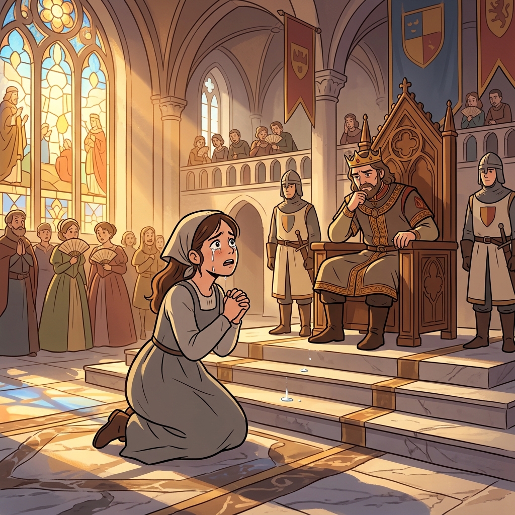 She fell to her knees to implore the king for mercy.