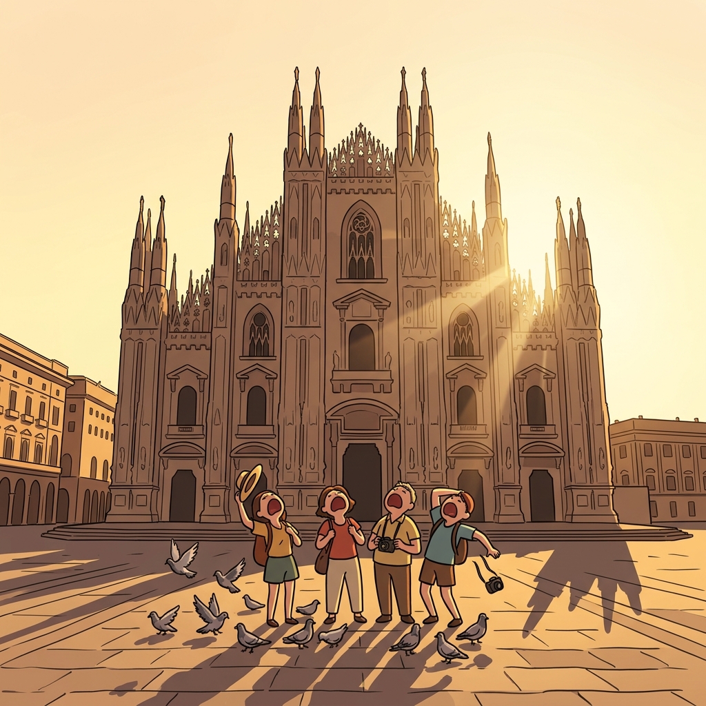 The imposing cathedral towers over tiny visitors gazing up in awe.