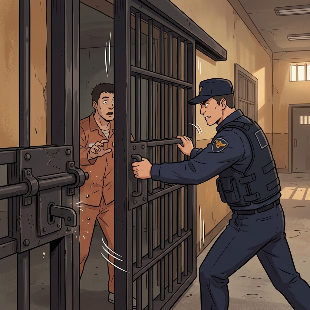 친구는 "인 프리즌, 맨!"이라고 말했고, 교도관은 거대한 감방 문을 철컥 잠갔다. ("인 프리즌 맨!" → 감옥(In prison)에 있는 사람)