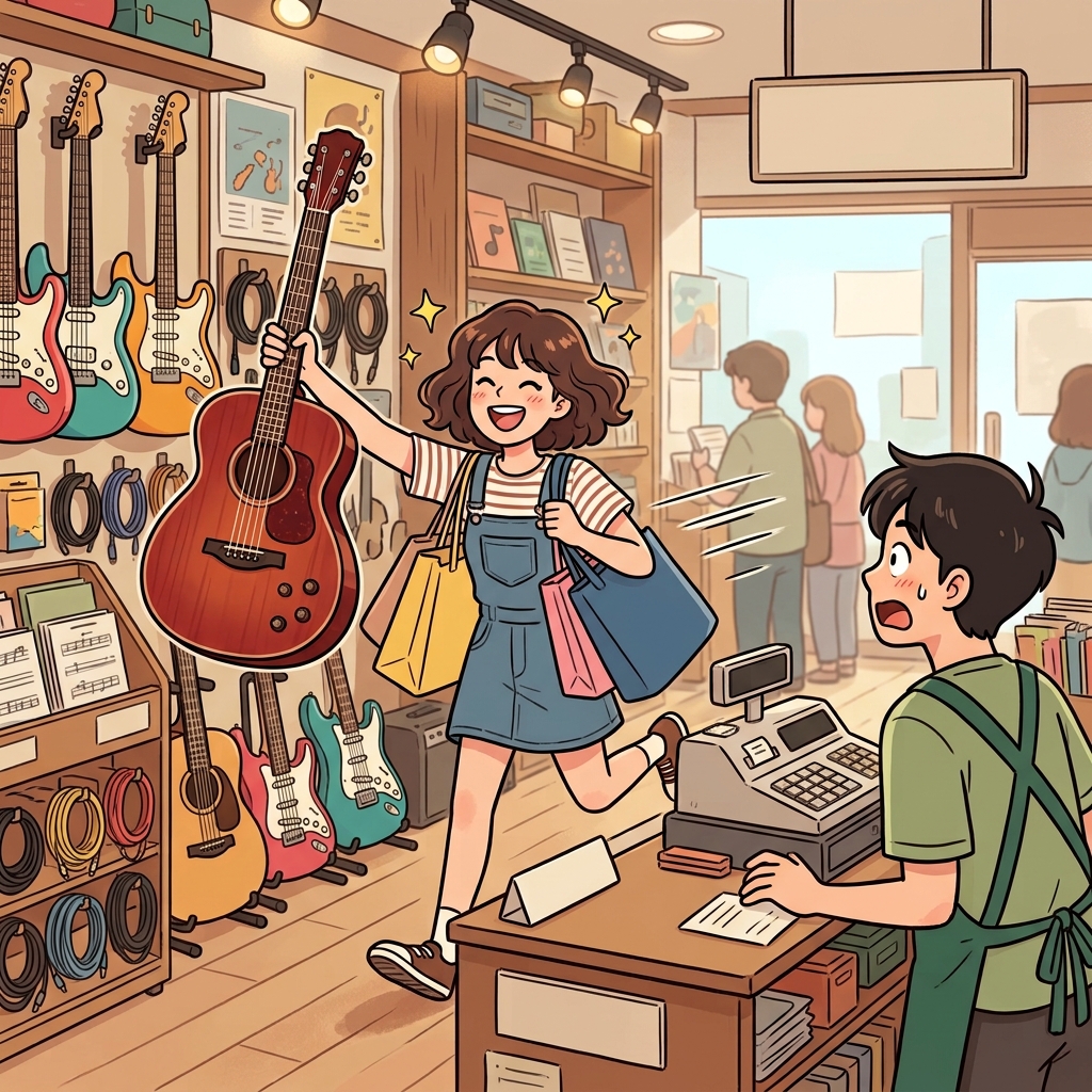 On impulse, the shopper bought an expensive guitar without thinking twice.