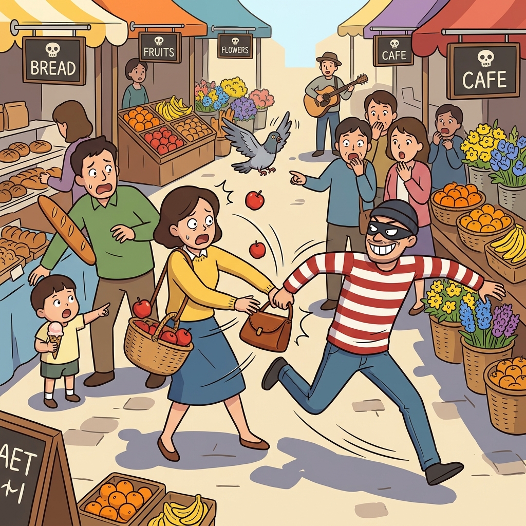 도둑이 대낮에 사람들 앞에서 가방을 낚아챘다.